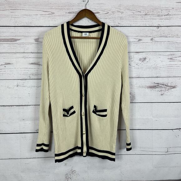 Cabi 5458 Sweater Womens Large Cream Navy Radcliffe Ribbed Button Costal Preppy - Picture 1 of 12